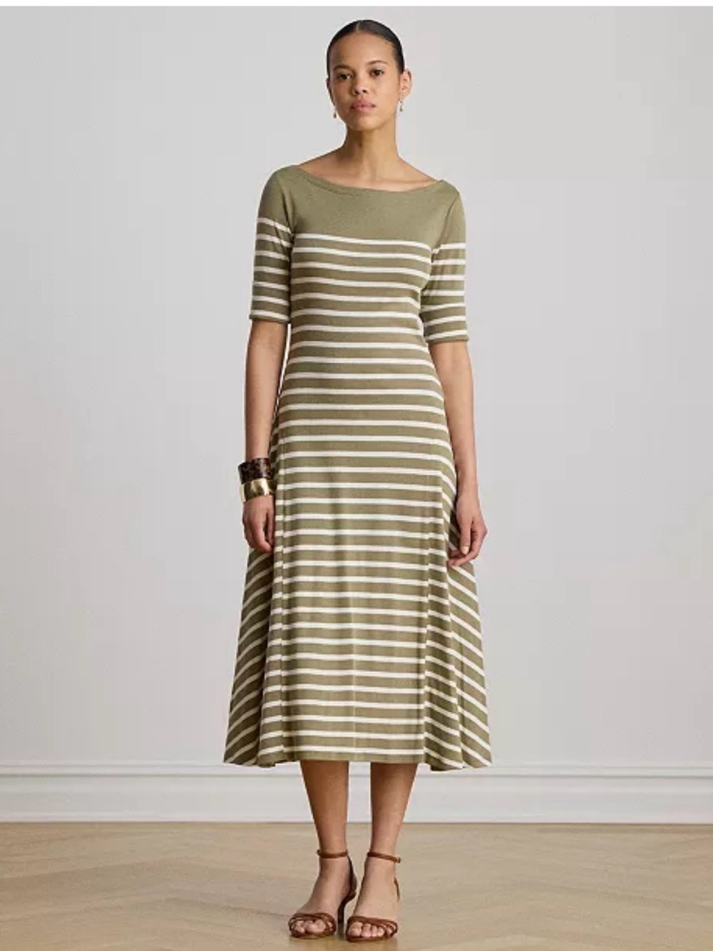 Lauren Ralph Lauren Striped Olive and White Midi Dress - Women's size M